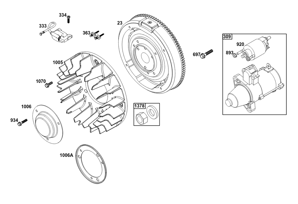 Flywheel, Ignition, And Starter Group Diagram and Parts List for 61H475-0001-J1 400000 - 699999 Briggs and Stratton Engine